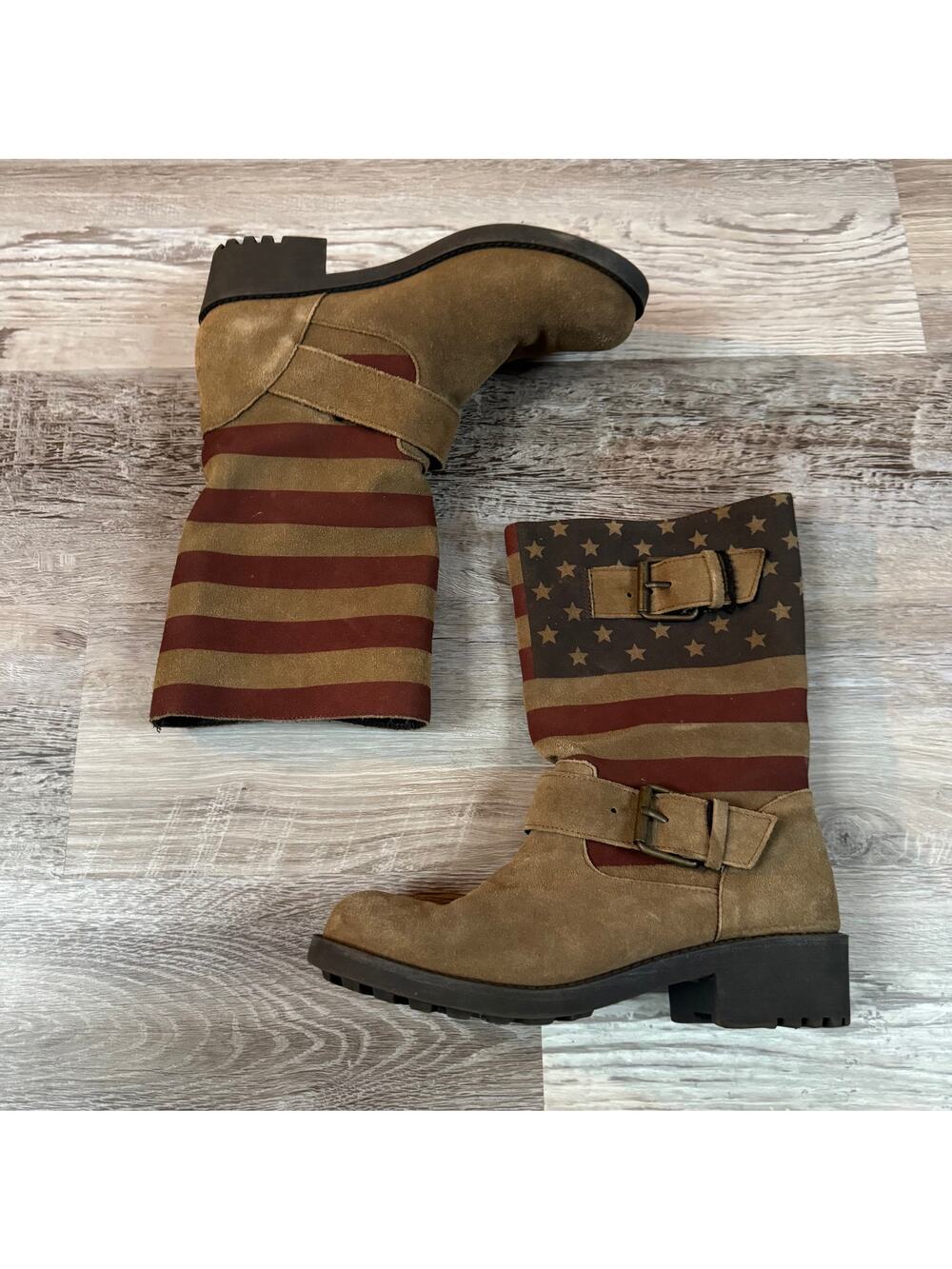 Sbicca American Flag Suede Mid Calf Moto Boots Lug Sole USA Style Size 7